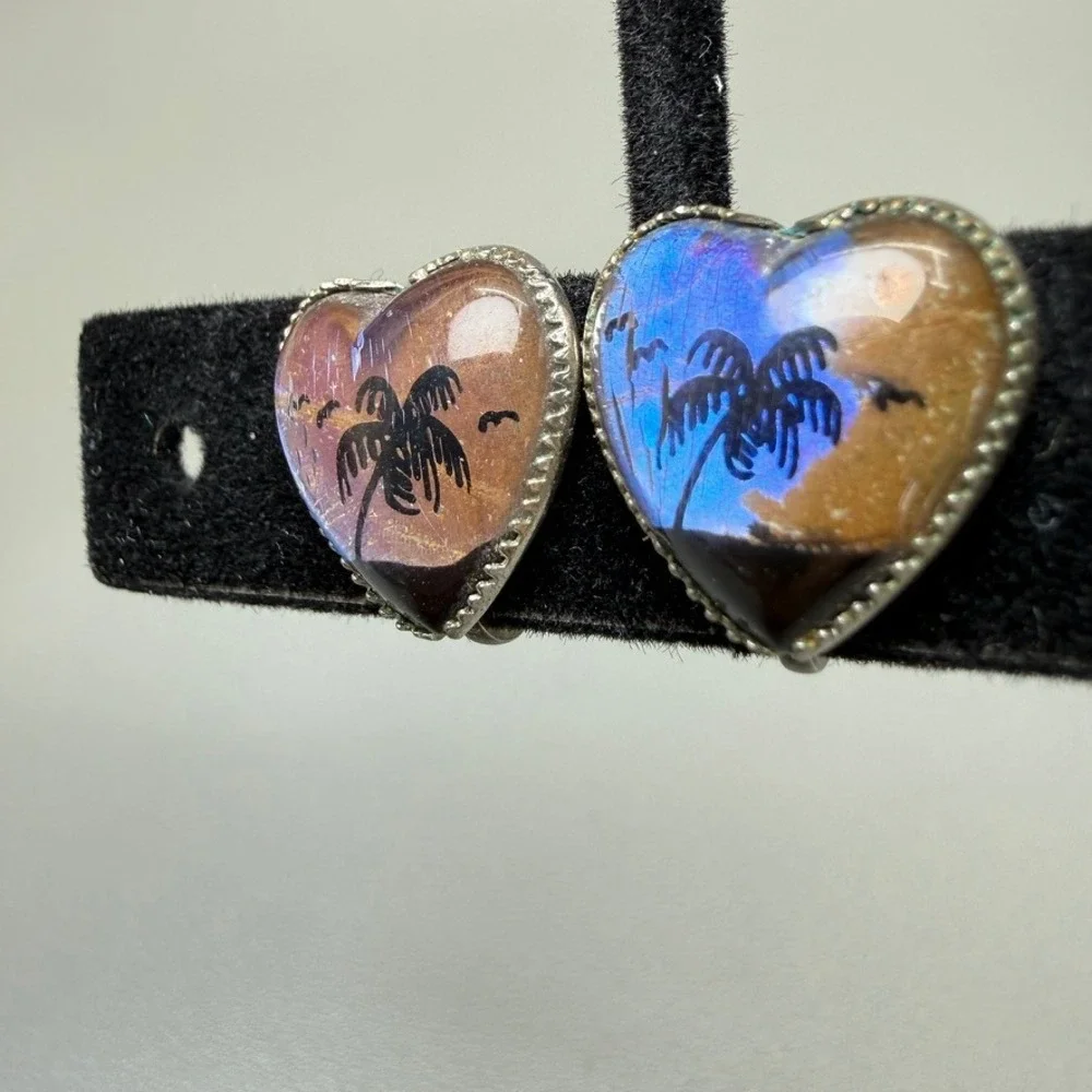 Vintage Sterling Silver Morpho Butterfly Wing Heart Screw Back Earring Palm Tree